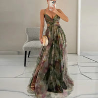 Load image into Gallery viewer, Elegant Print Pleated Mesh Evening Dress Sexy off Shoulder Ins Vacation Long Dress Summer V Neck High Waist Backless Sling Dress
