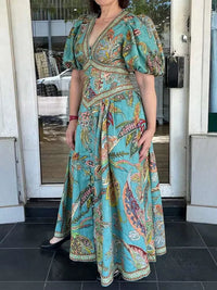 Load image into Gallery viewer, Timeless Grace: Vintage Lantern Sleeve V Neck Maxi Dress